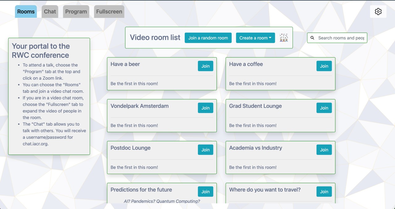 Screenshot of the list of video rooms. These rooms may change depending on the day.